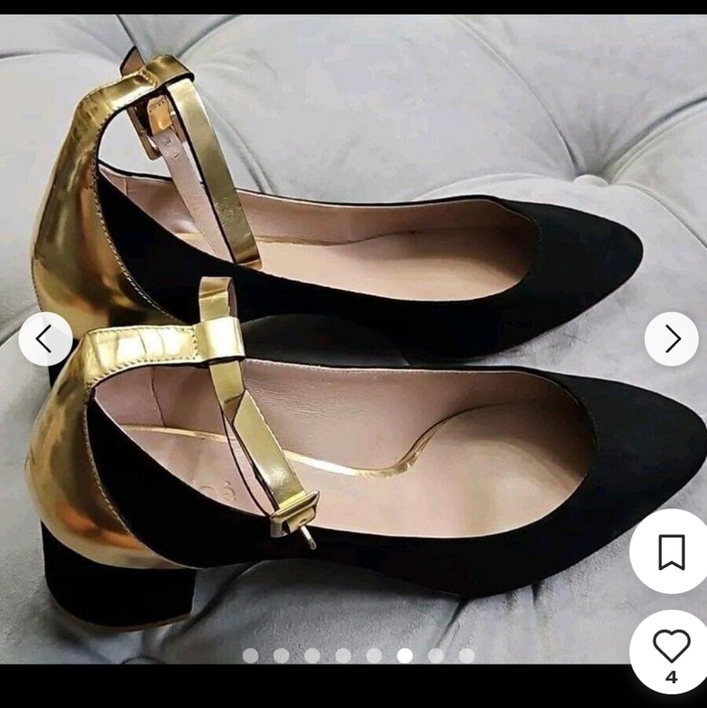 Chloe Lauren Black Suede & Gold Leather Ankle Strap Pumps Sz 39 1/2 US8.5